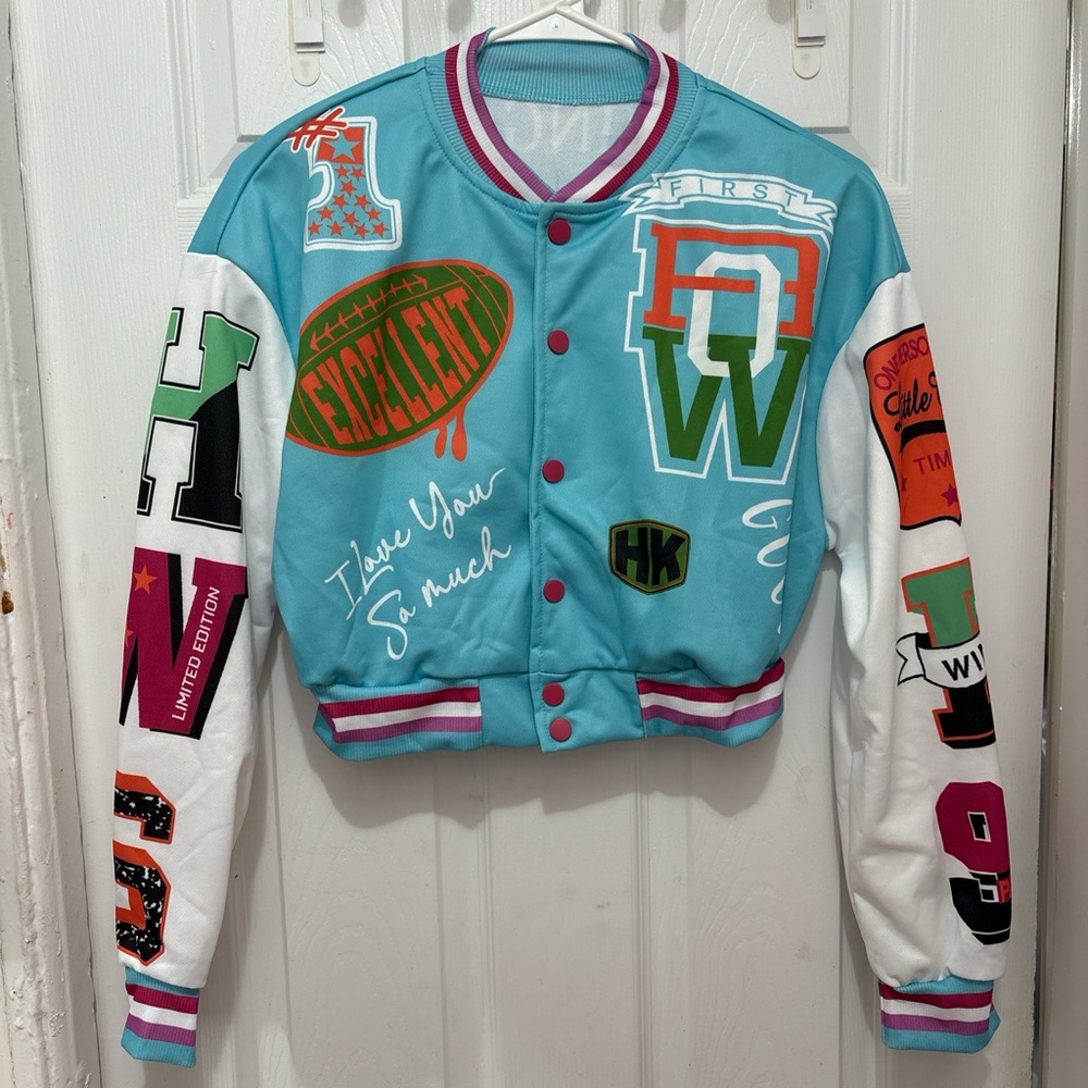 SHEIN Teal and White Women's Varsity Jacket